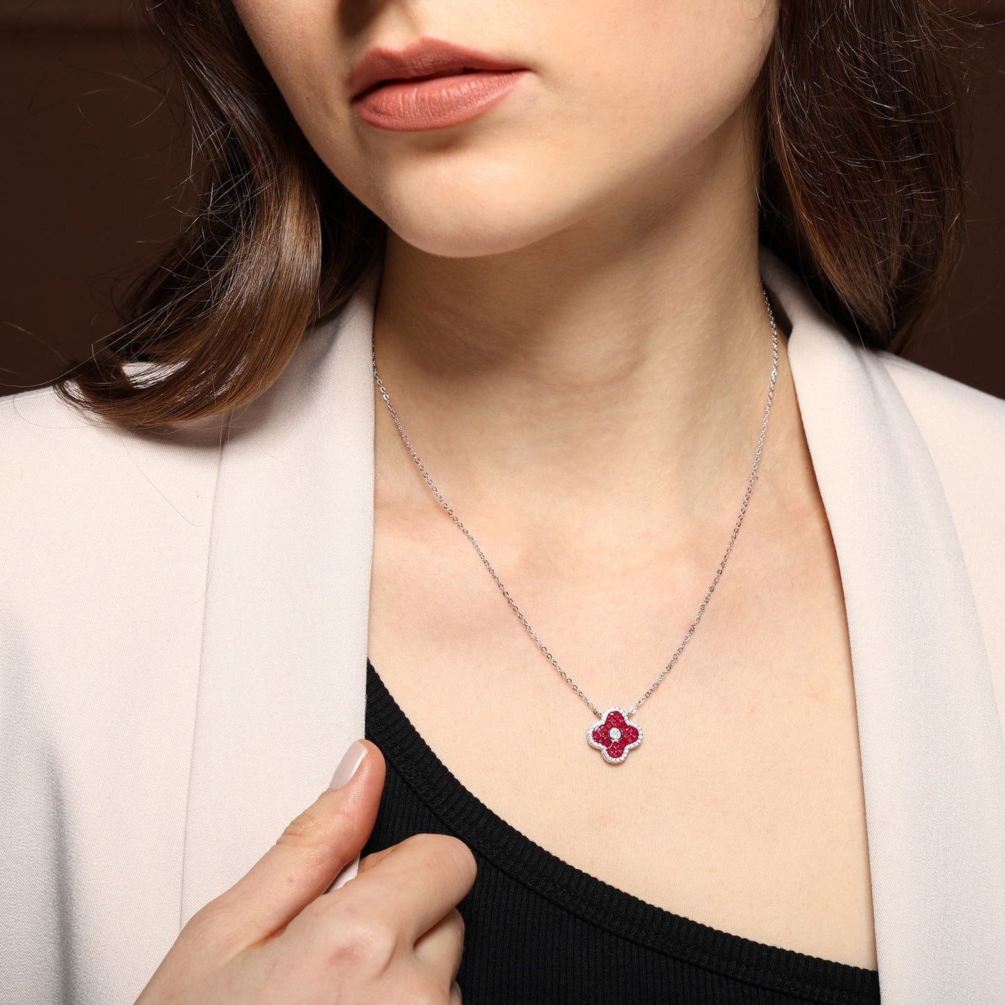 Ruby Invisible Setting Clover Pendant