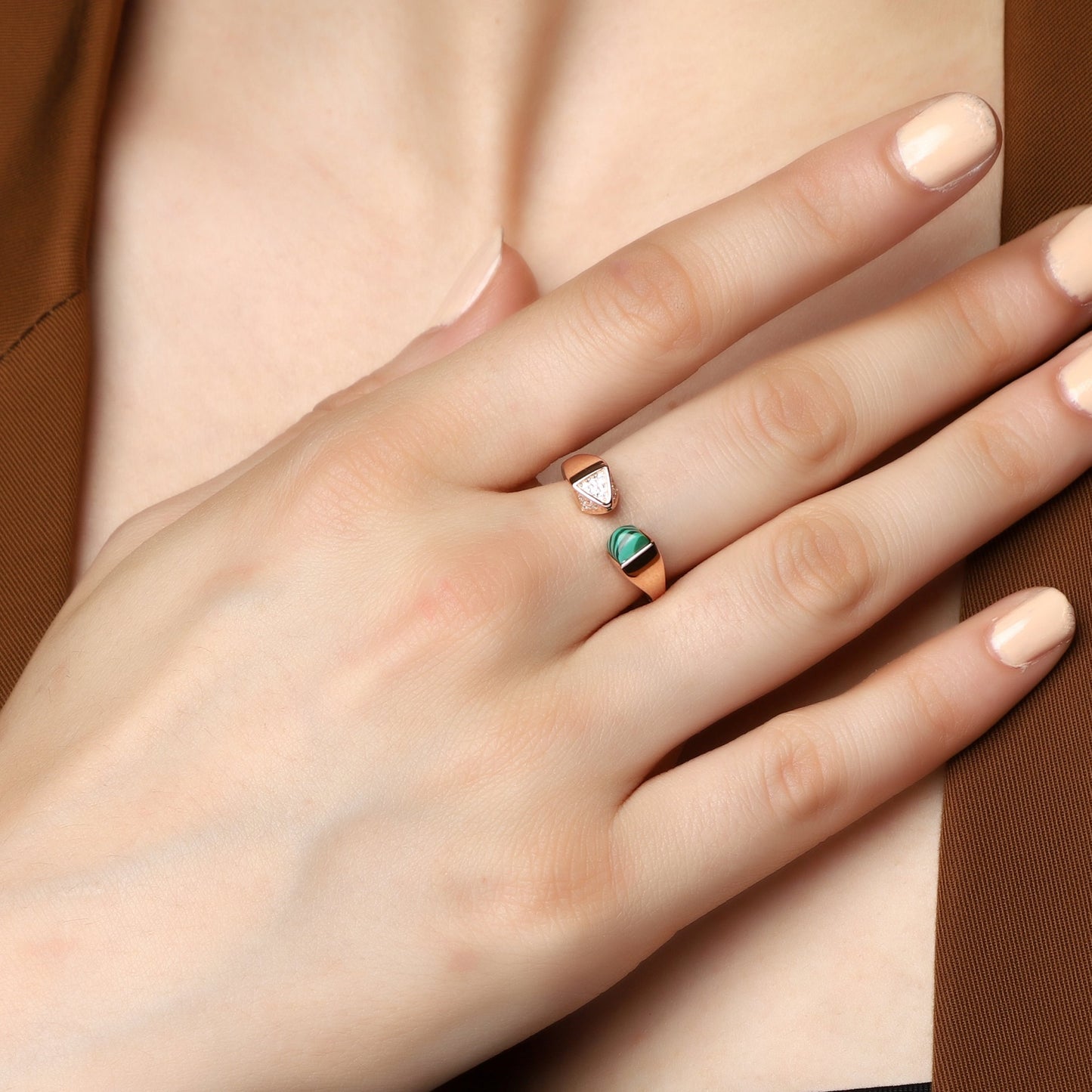 Rose Gold Plated Adjustable Ring with Green Stone