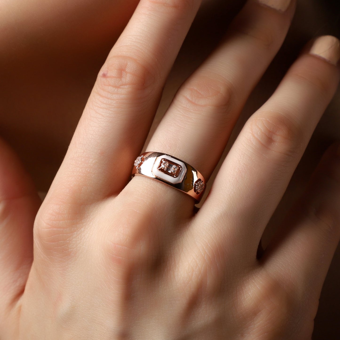 Rose Gold Ring With White Enamel