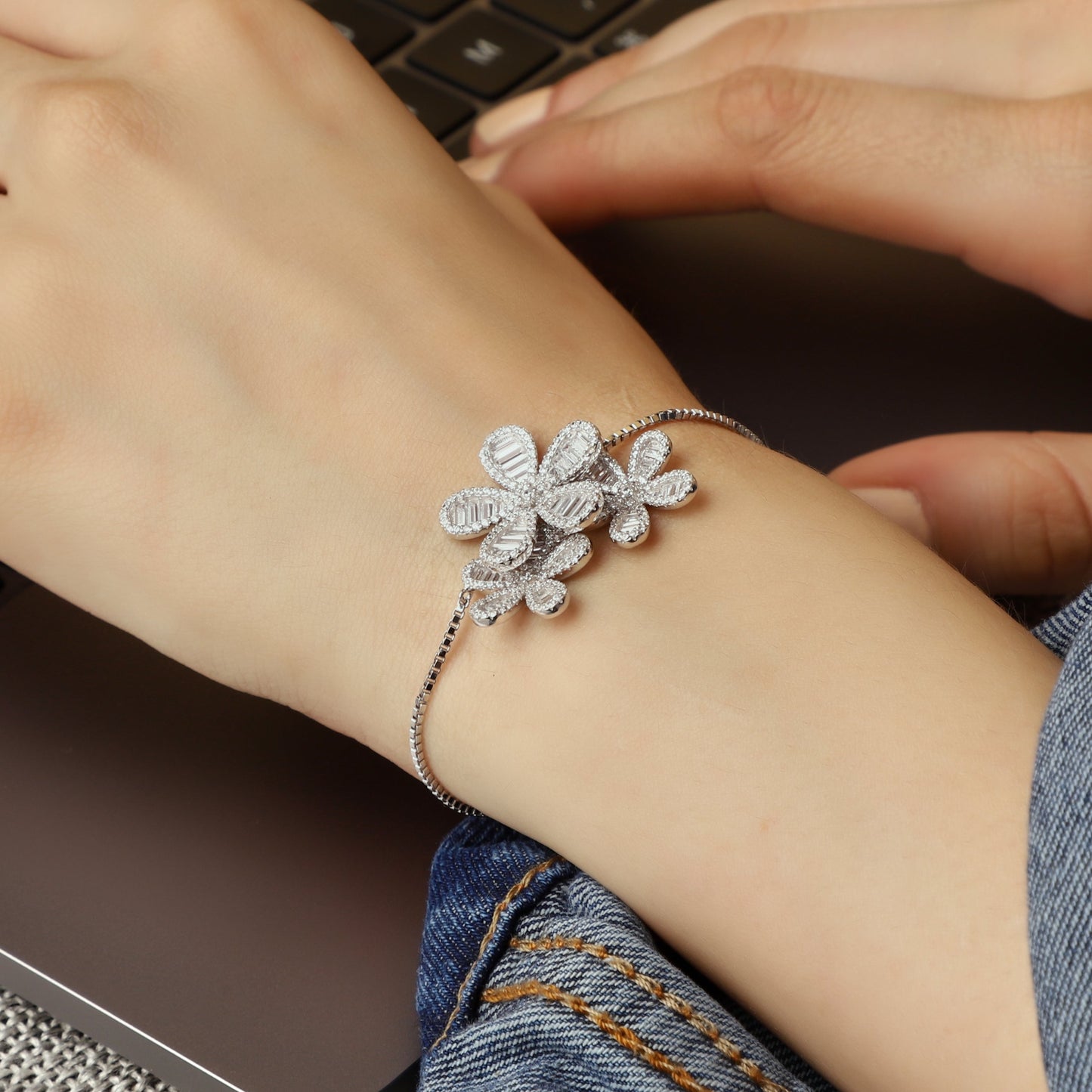 Baguette Flower Adjustable Chain Bracelet